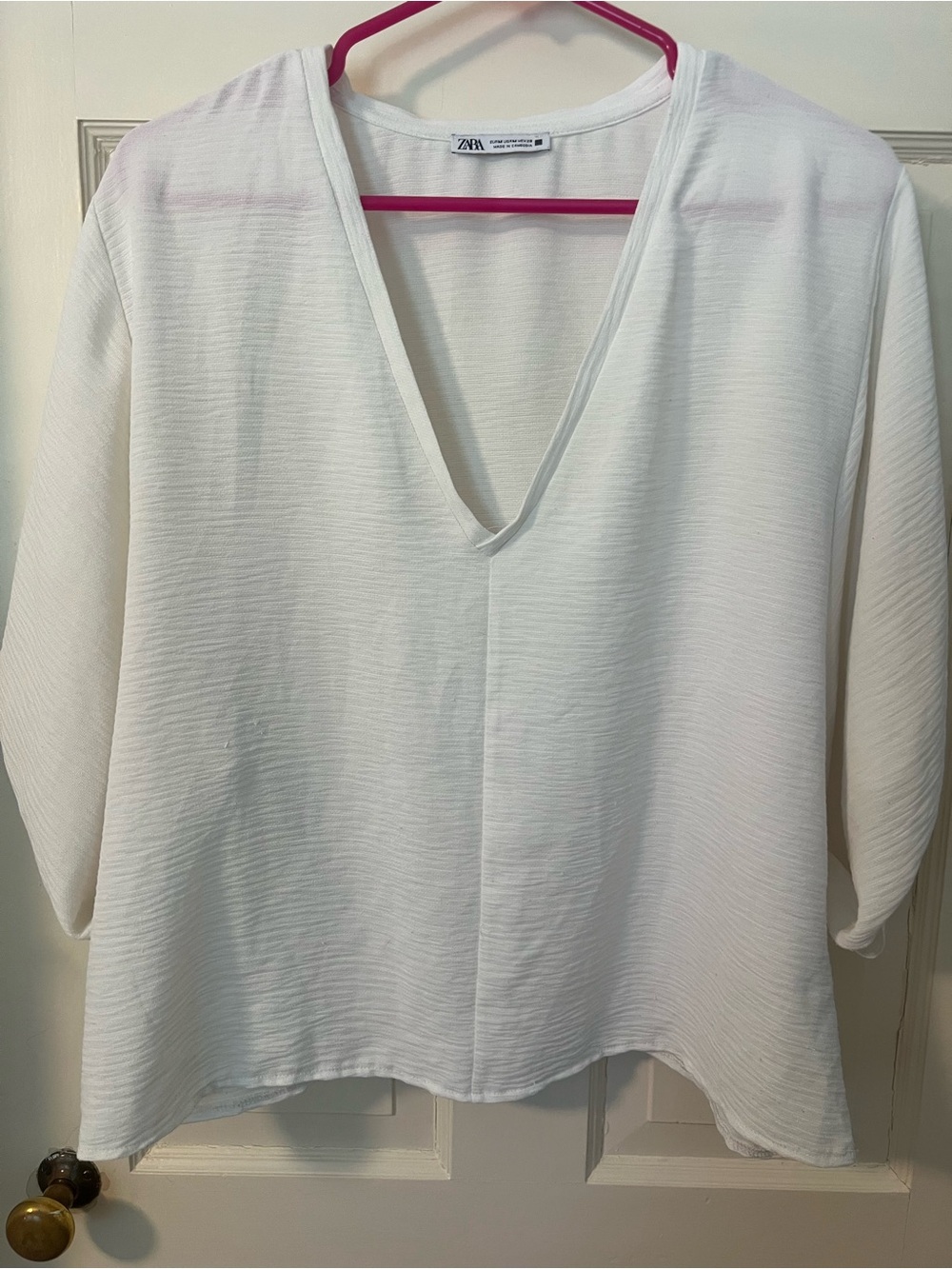 Zara White V-Neck Textured Blouse